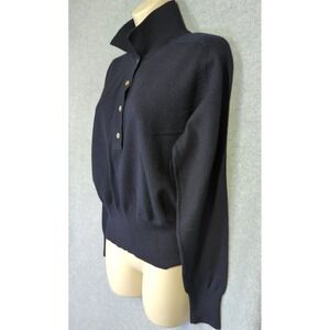 VTG 100% Merino Wool Polo Sweater Women M Navy Made in Hong Kong Casual Classic